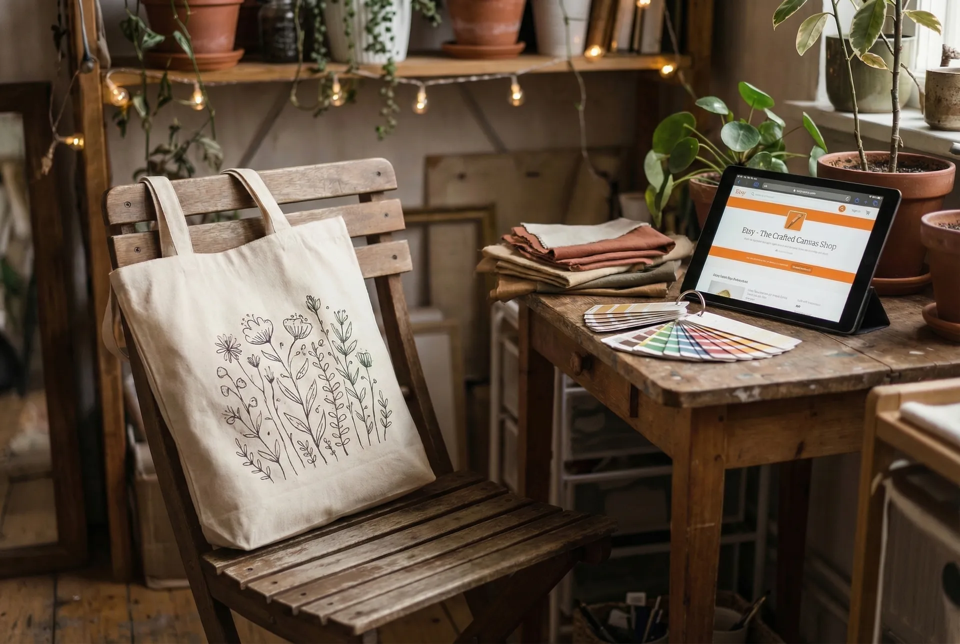 Craft-Studio mit bedrucktem Jutebeutel und Tablet mit Etsy-Shop