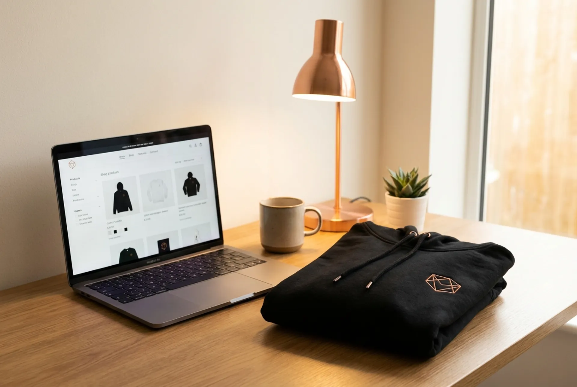 Bedruckter Hoodie neben Laptop mit Online-Shop Dashboard