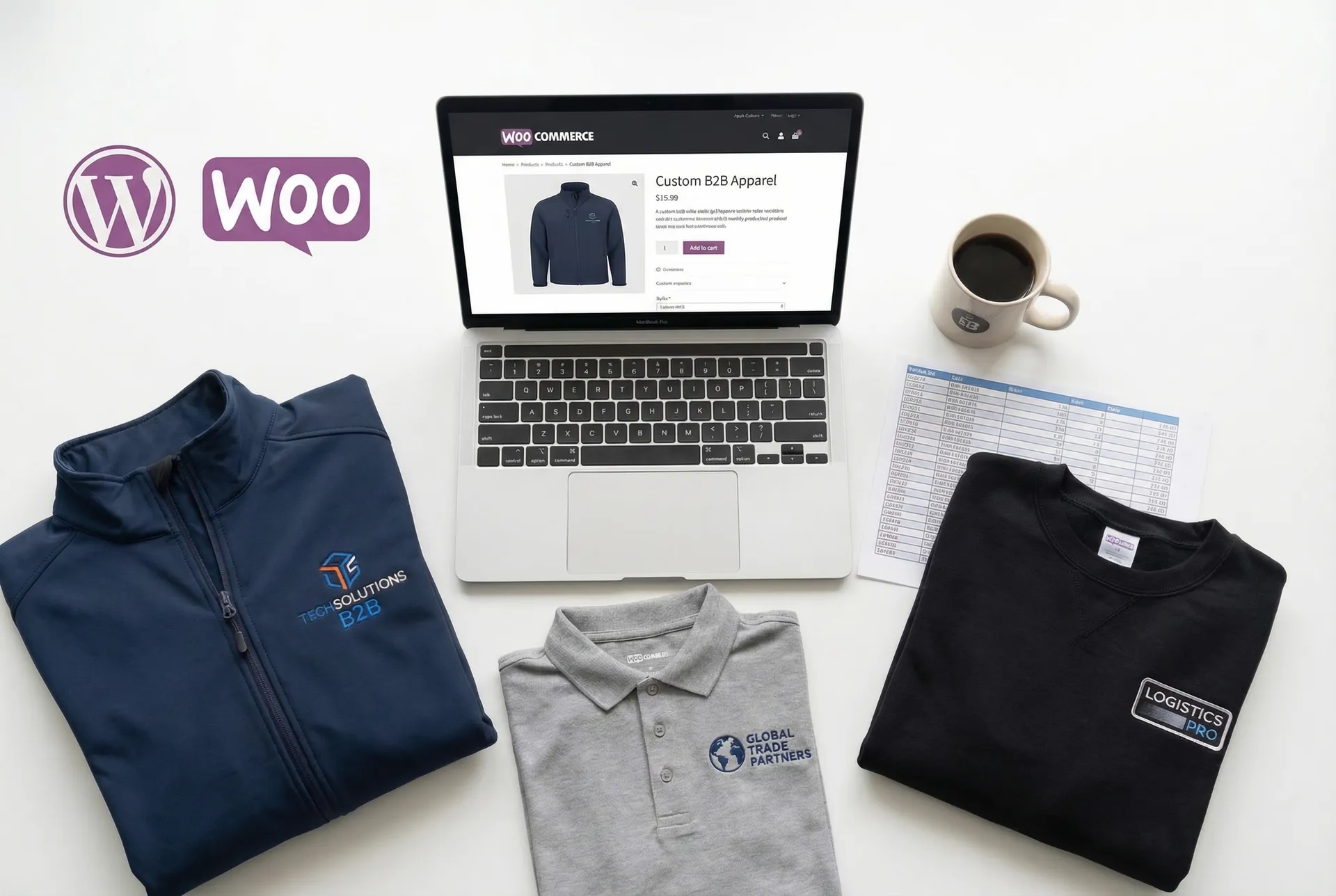 Laptop mit WooCommerce-Produktseite und bedruckter Firmenkleidung auf weißem Schreibtisch