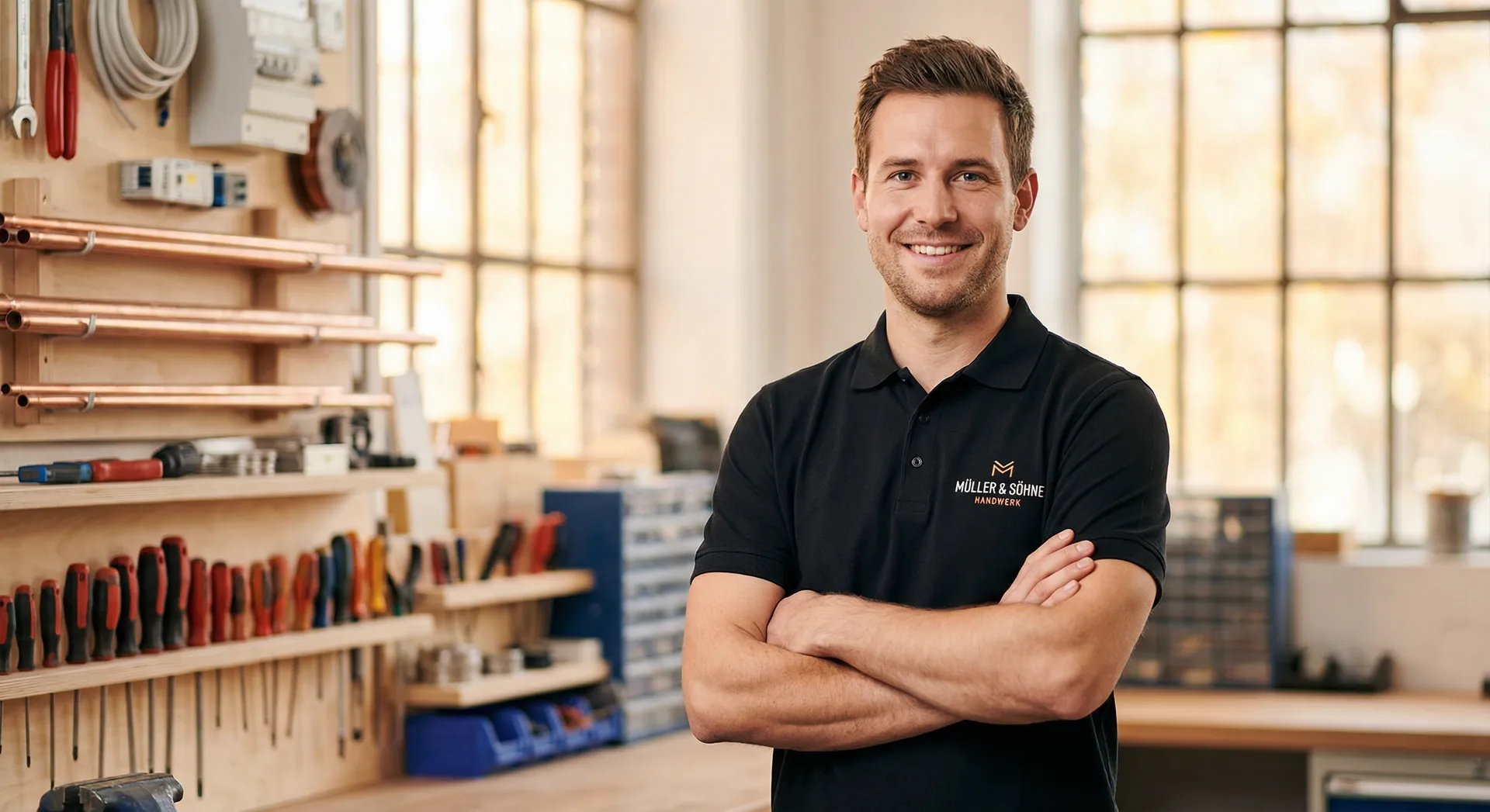 Handwerker in gebrandetem Polo in seiner Werkstatt