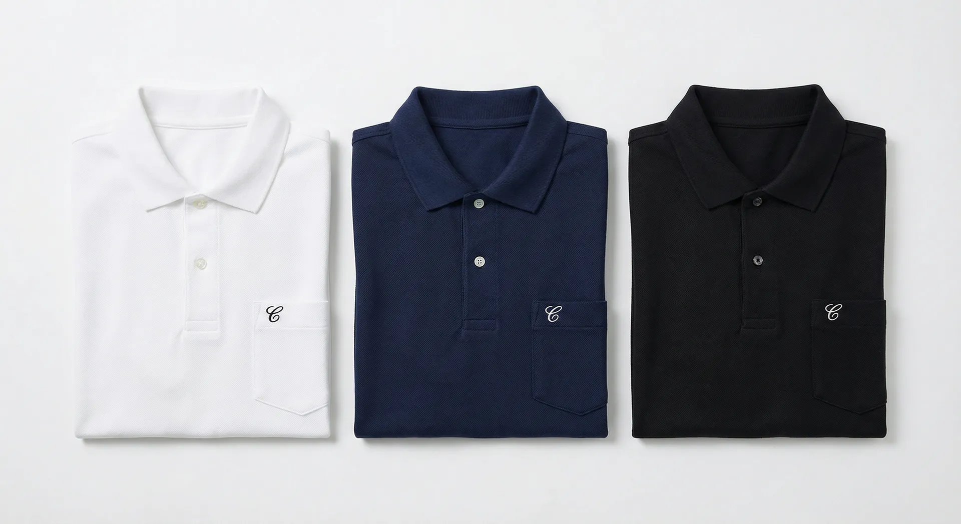 Drei gebrandete Polos in weiß, navy und schwarz