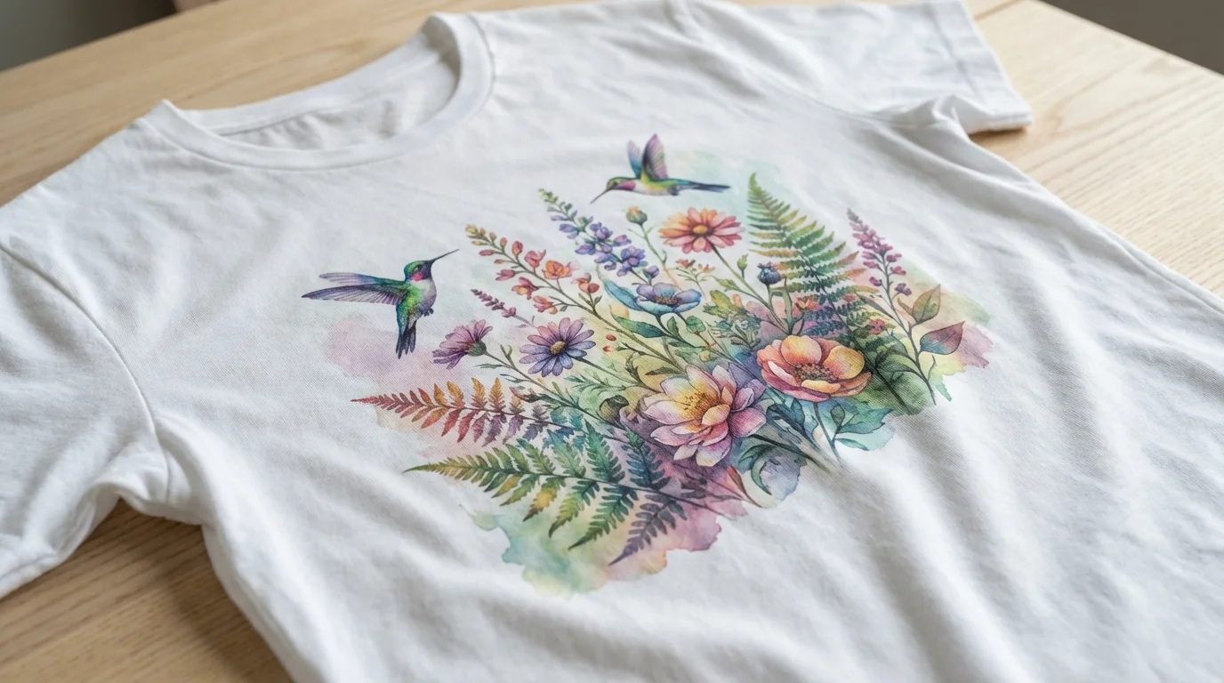 DTG Direktdruck: Botanische Illustration mit Kolibri auf weißem Baumwoll-T-Shirt